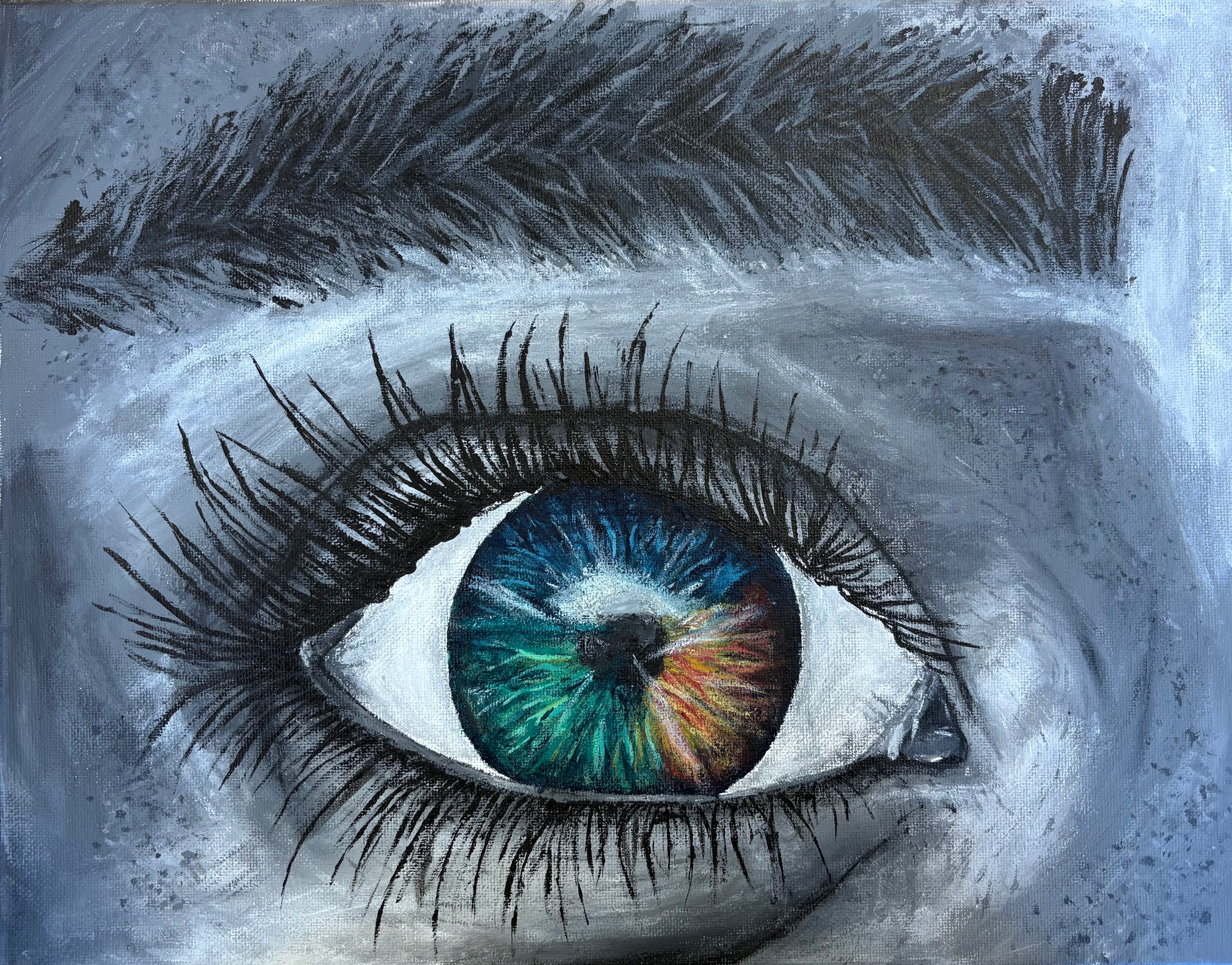 black and white human face, colorful eye